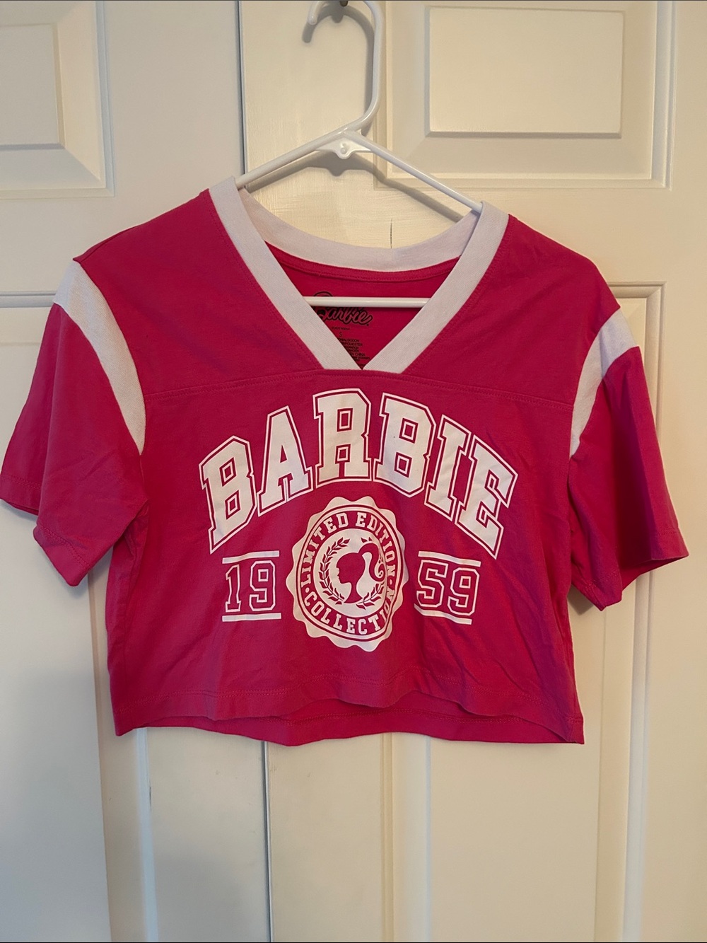 Barbie Hot Pink & White Cropped V-Neck Graphic Top